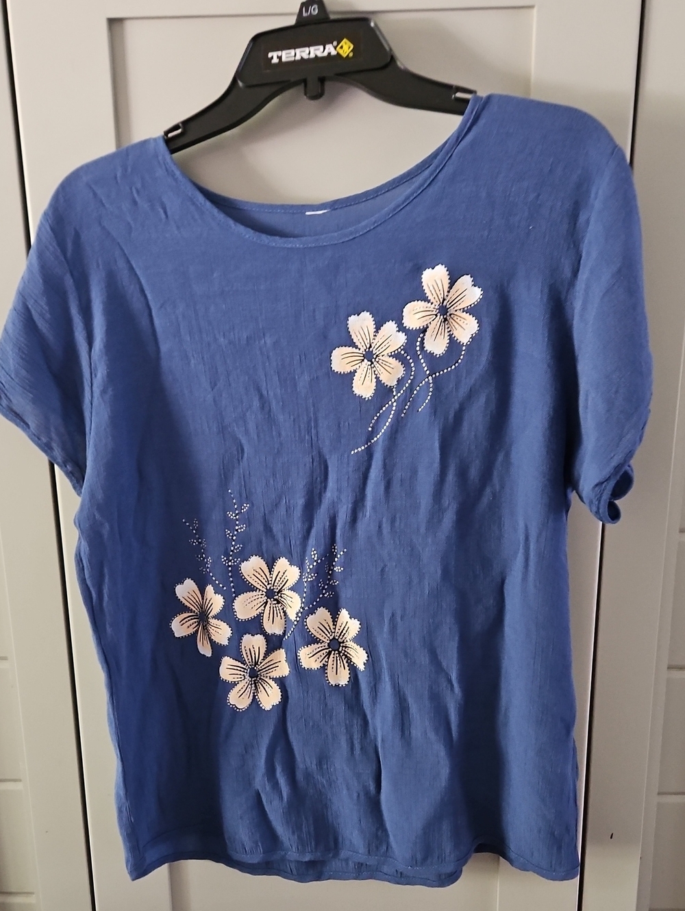 Blue Floral Short Sleeve Crinkle Cotton Top Ptp 21